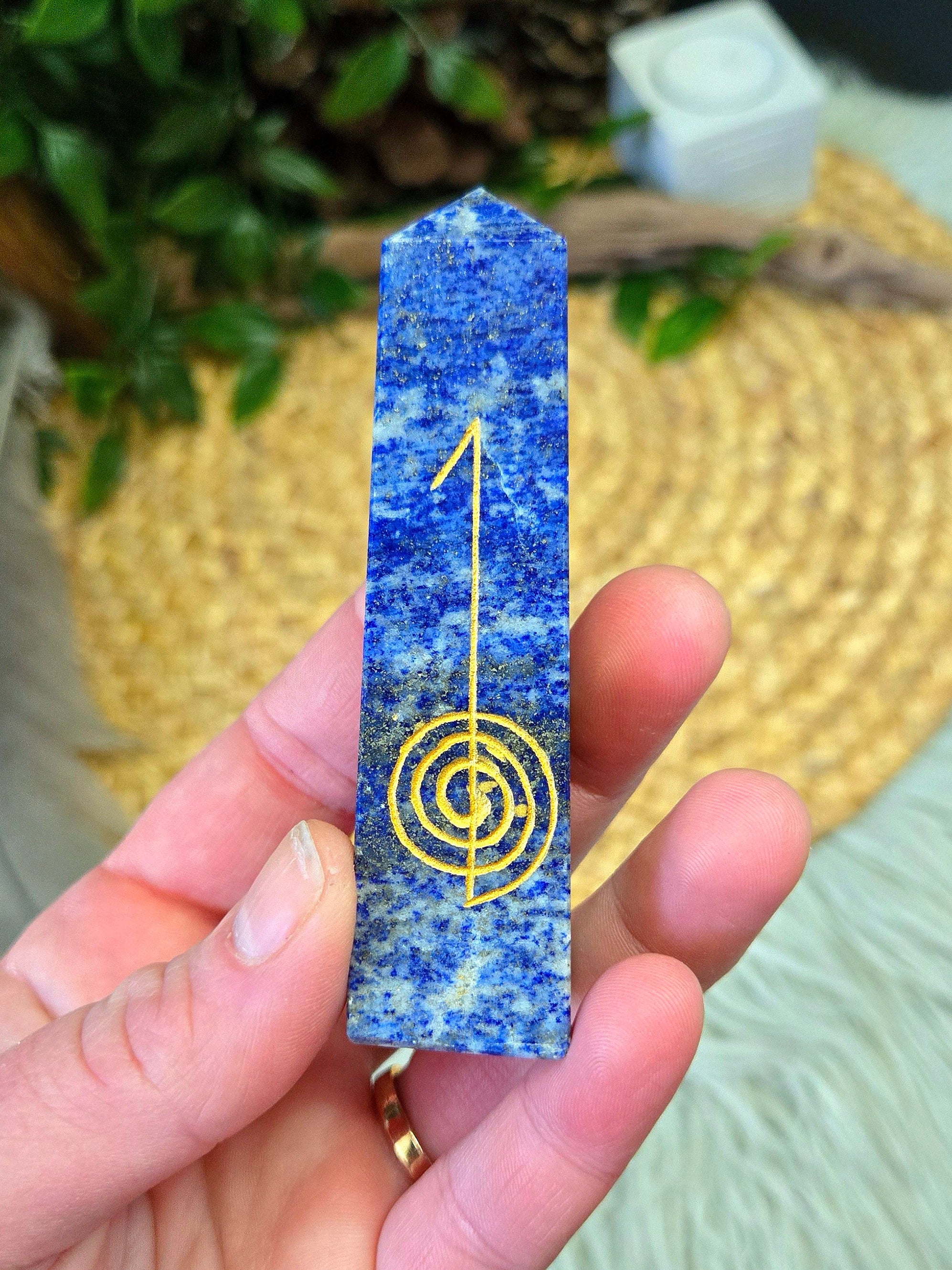 Reiki Carved Lapis Lazuli Tower 3.45"