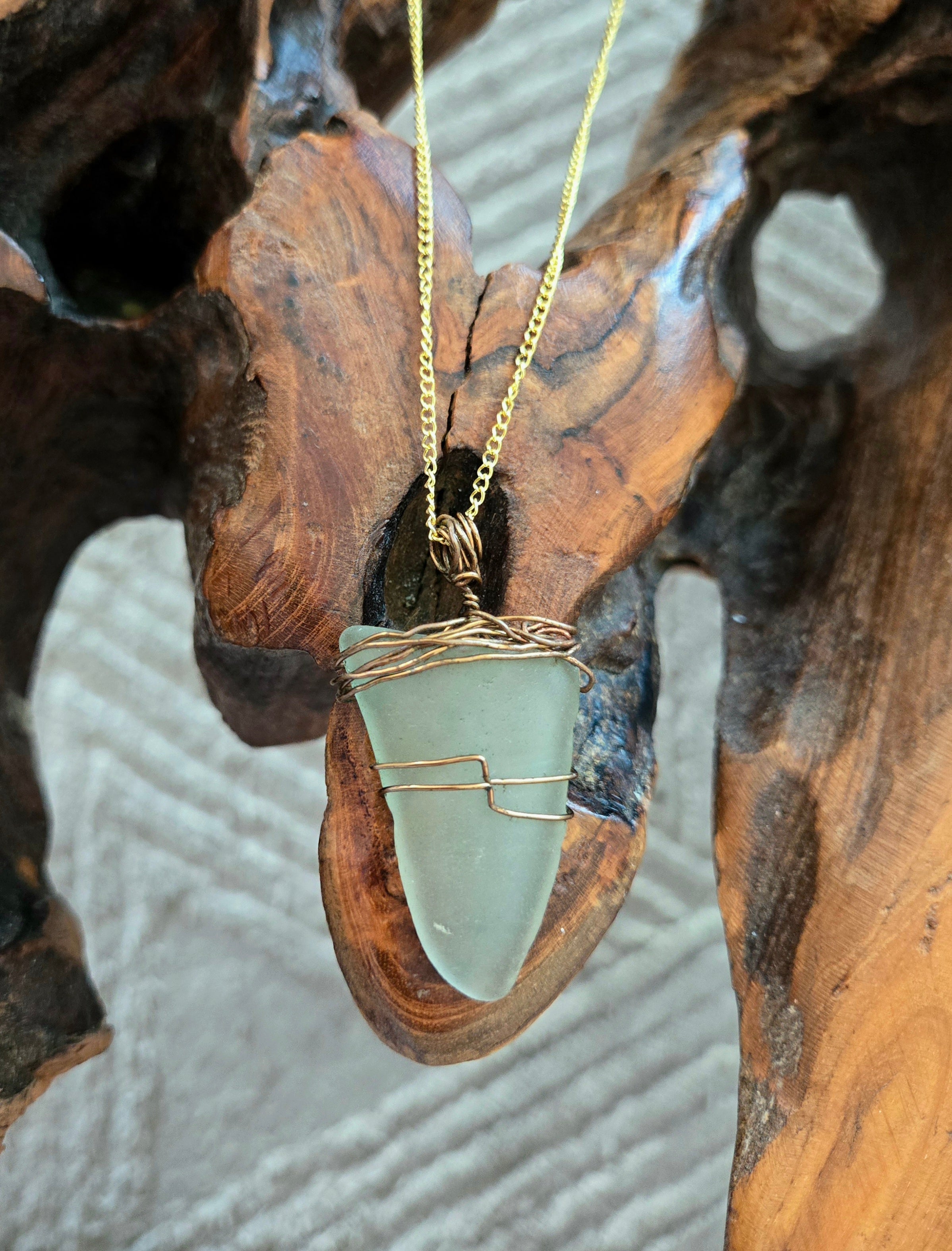 Sea Glass Wire Wrapped Necklace 25.5" Chain