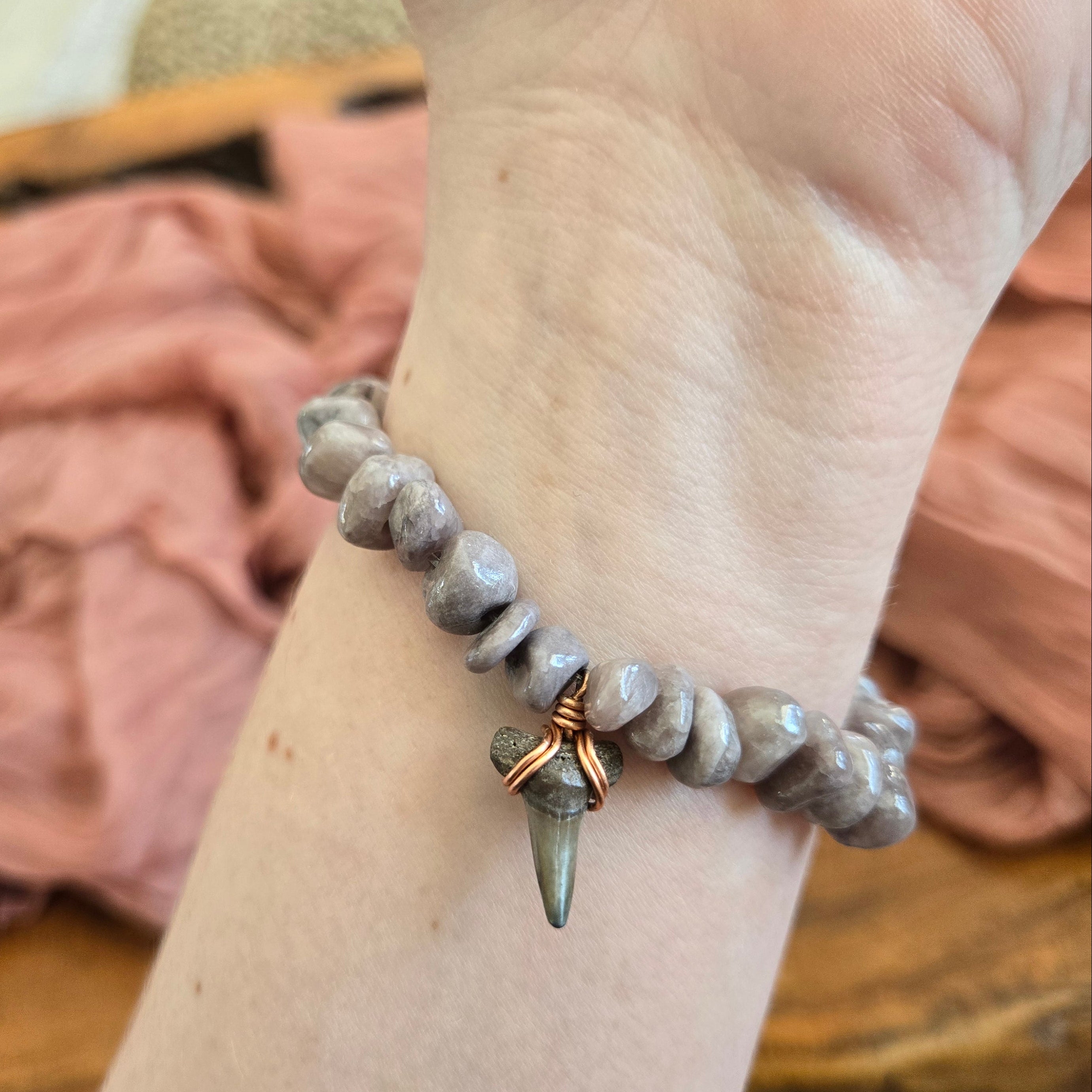 Bull Shark Tooth Fossil & Purple Quartz Bracelet