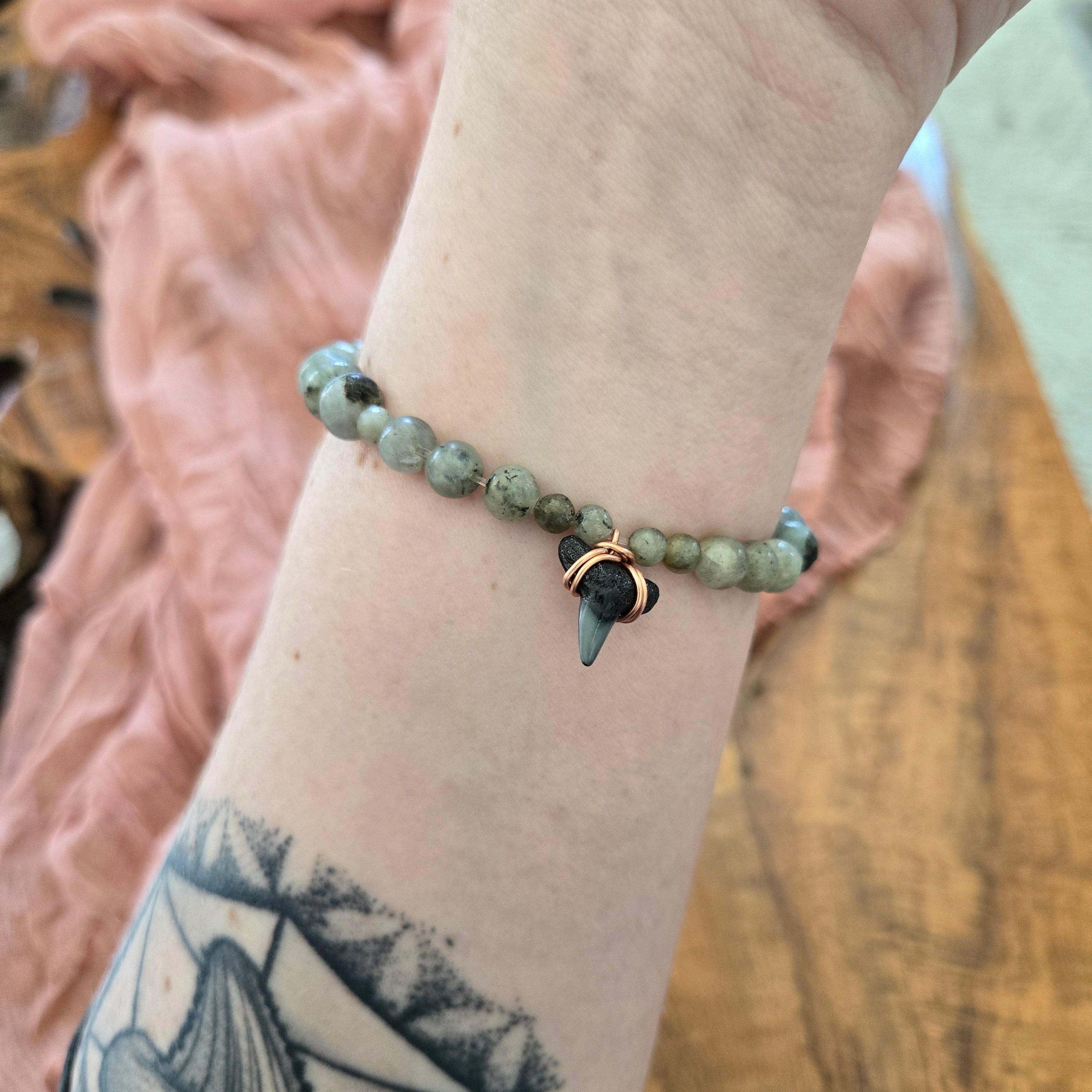 Silky Shark Tooth Fossil & Labradorite Bracelet