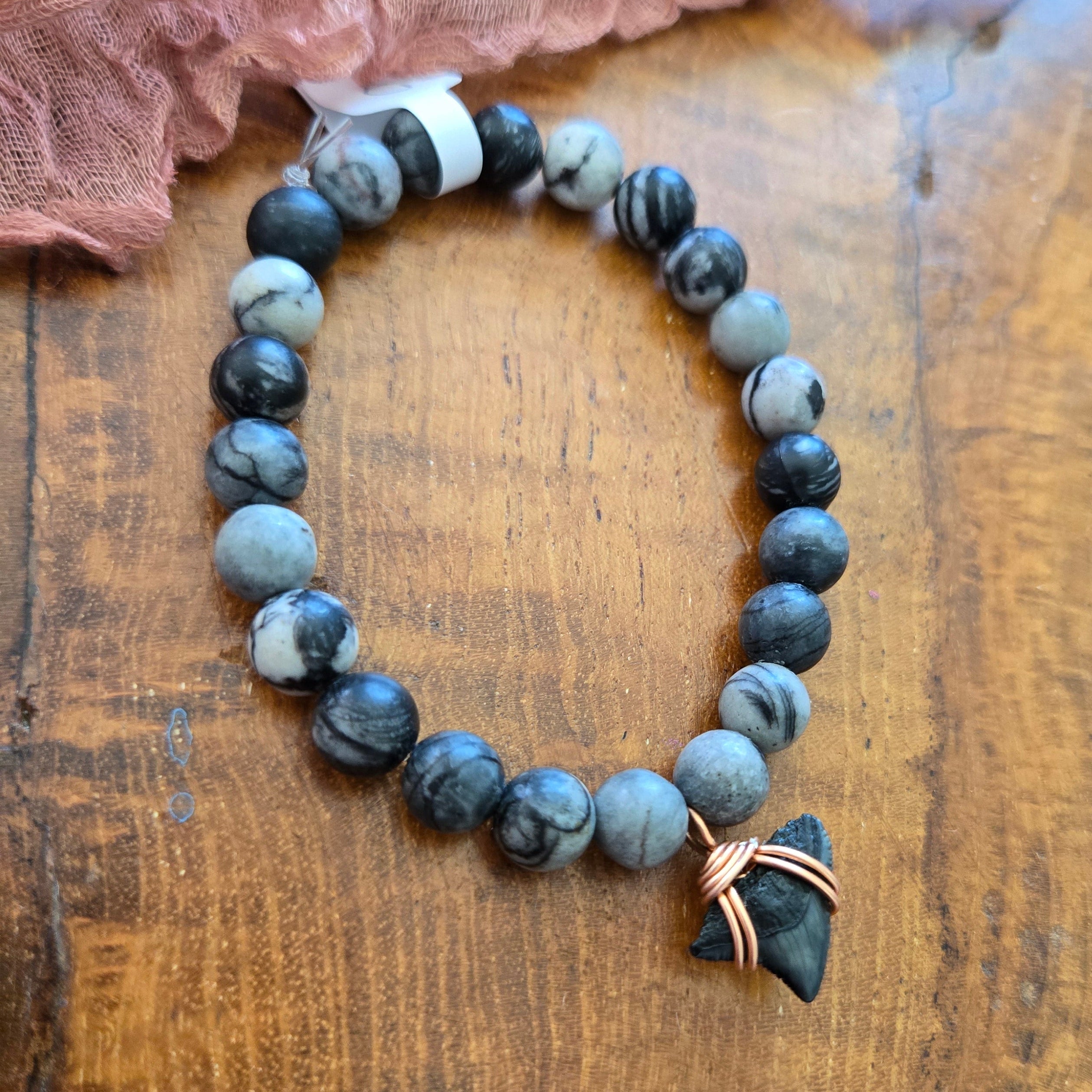 Bull Shark Tooth Fossil & Black Network Bracelet