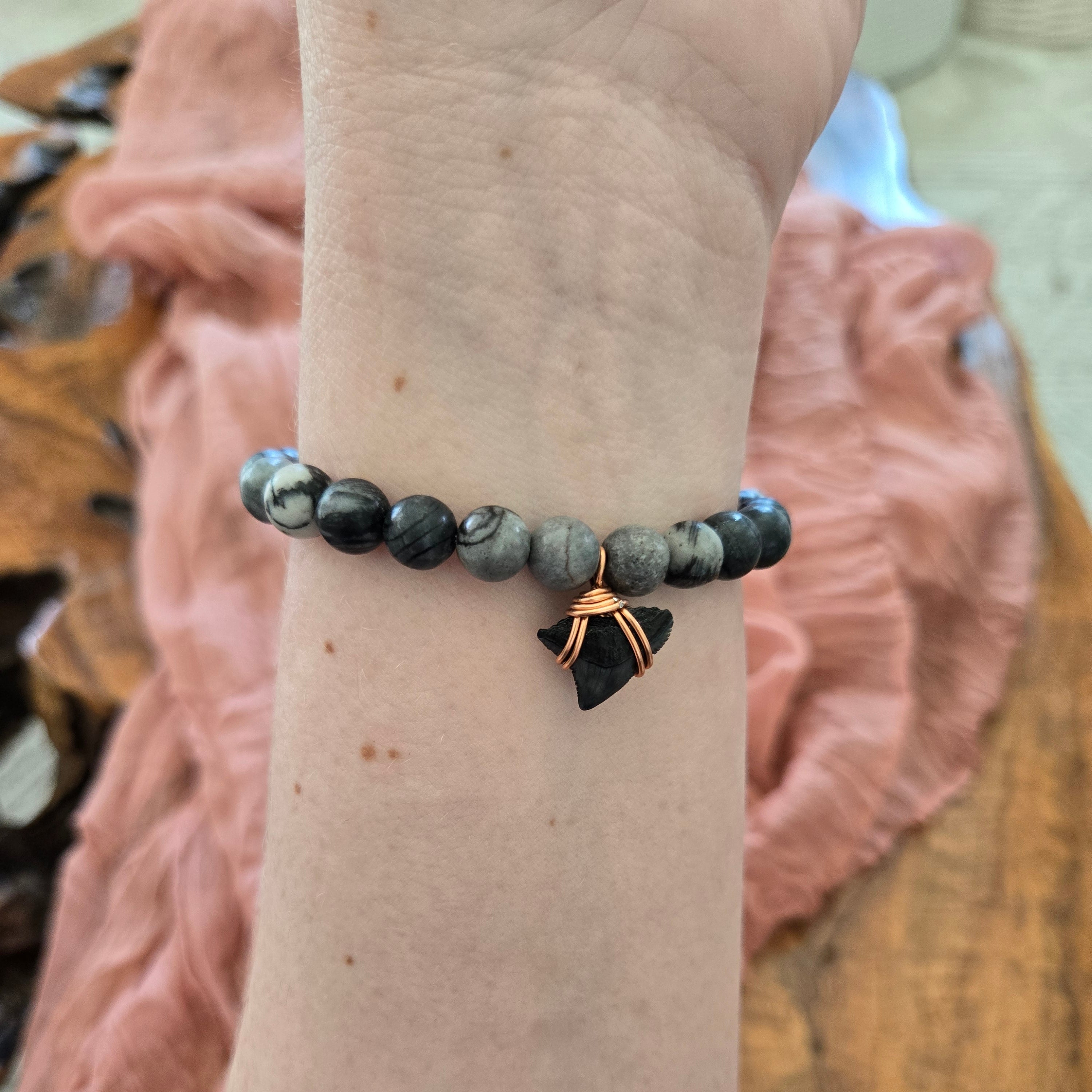 Bull Shark Tooth Fossil & Black Network Bracelet