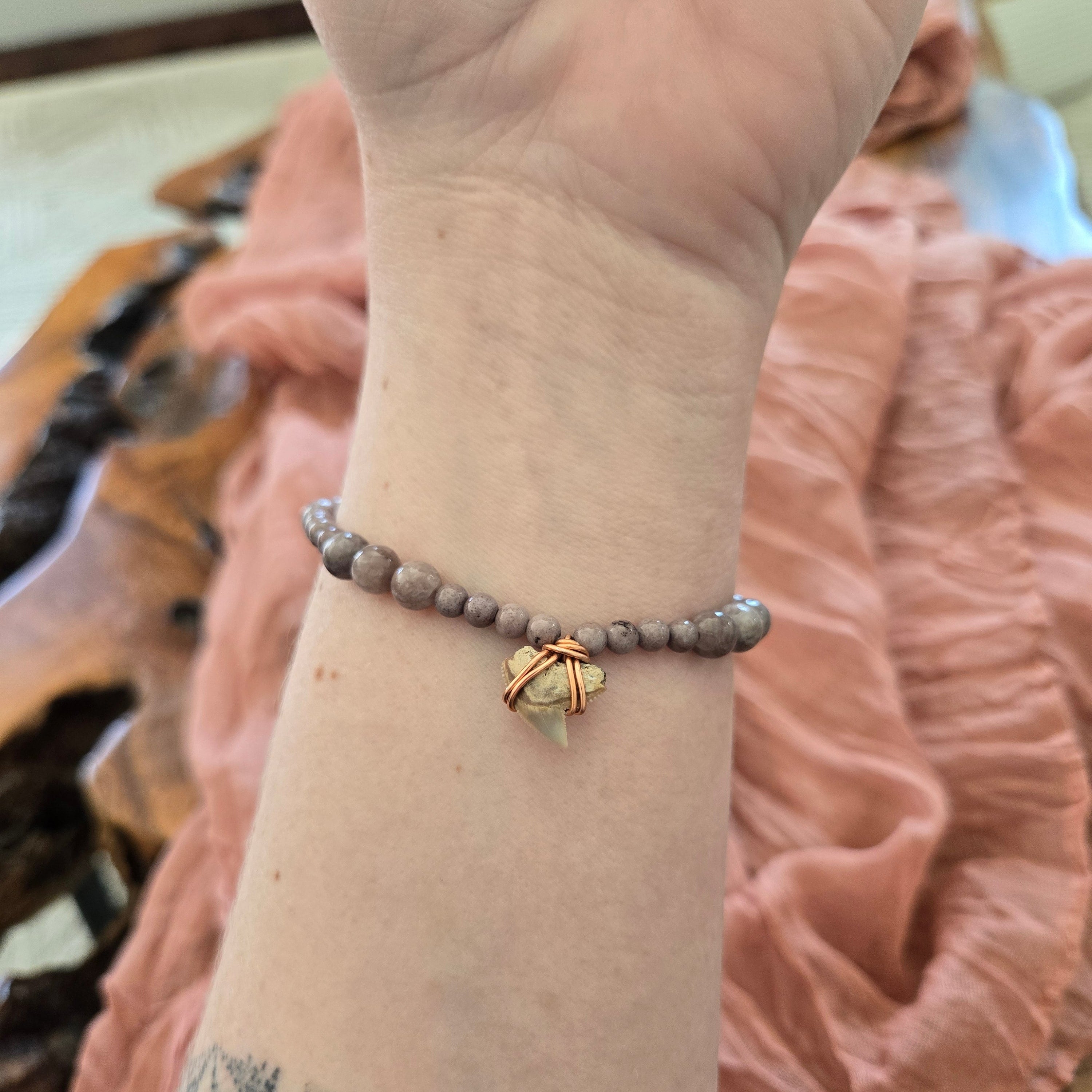 Tiger Shark Tooth Fossil & Purple Quartz Bracelet