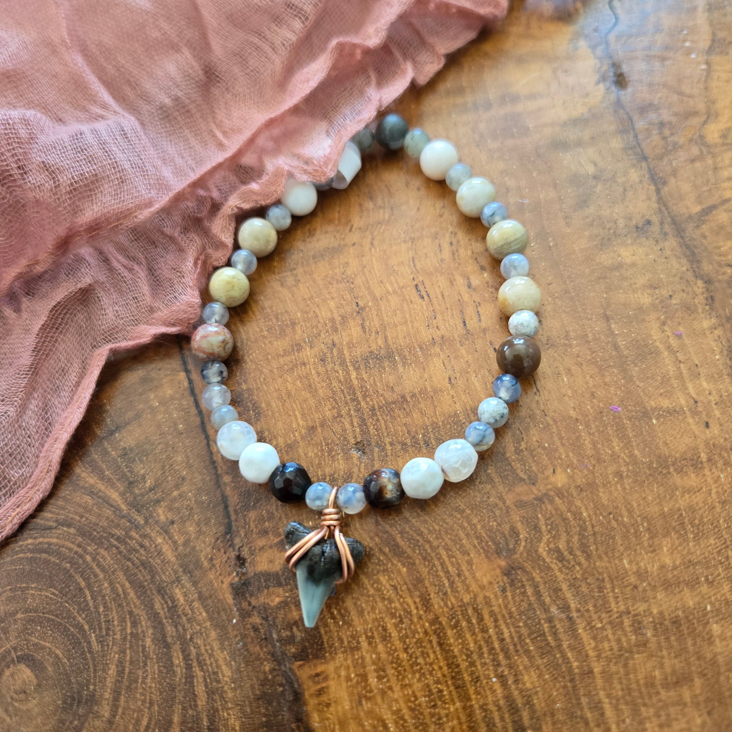 Bull Shark Tooth Fossil With Flower Stone & Agate Bracelet
