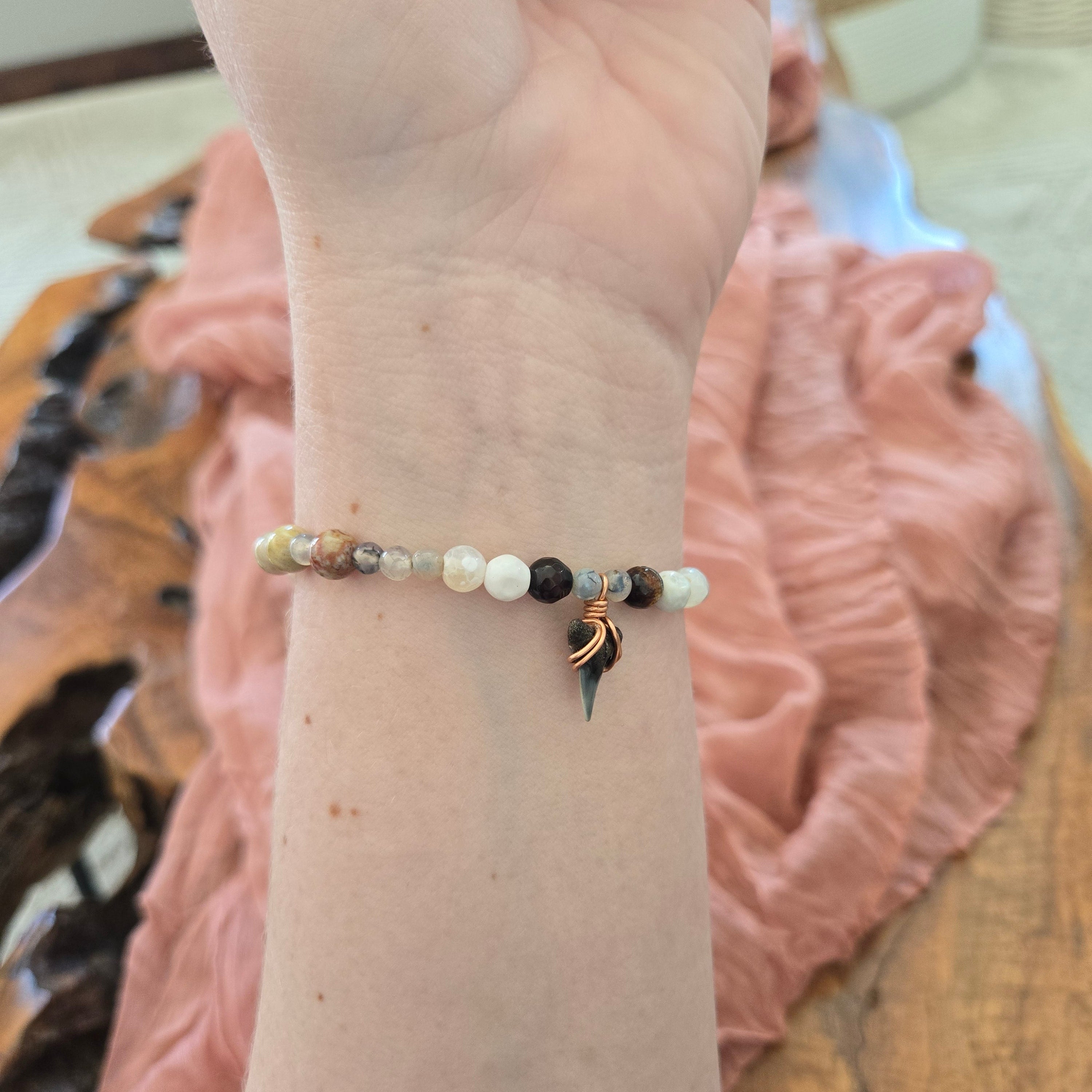 Bull Shark Tooth Fossil With Flower Stone & Agate Bracelet