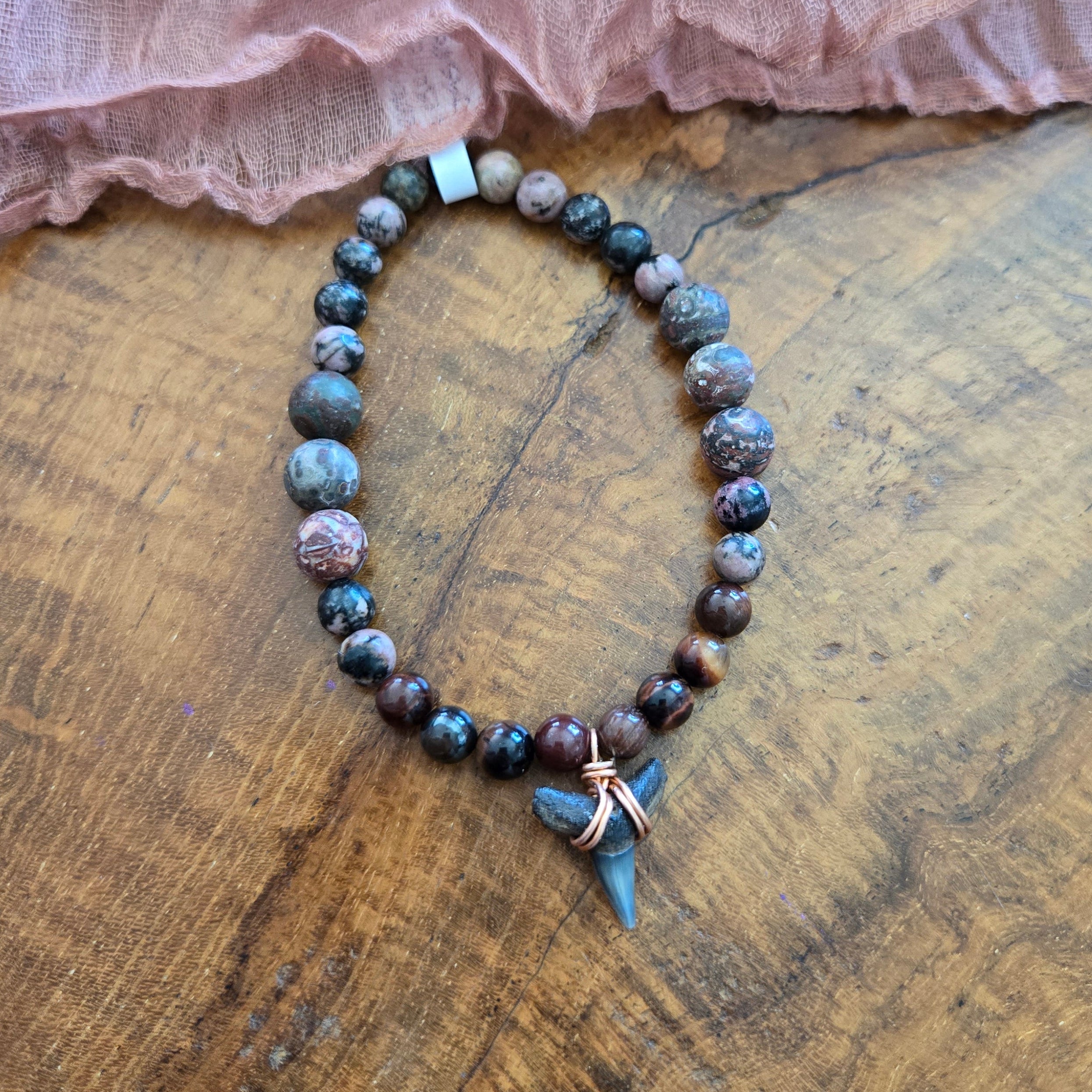 Lemon Shark Tooth Fossil With Tiger's Eye & Jasper Bracelet