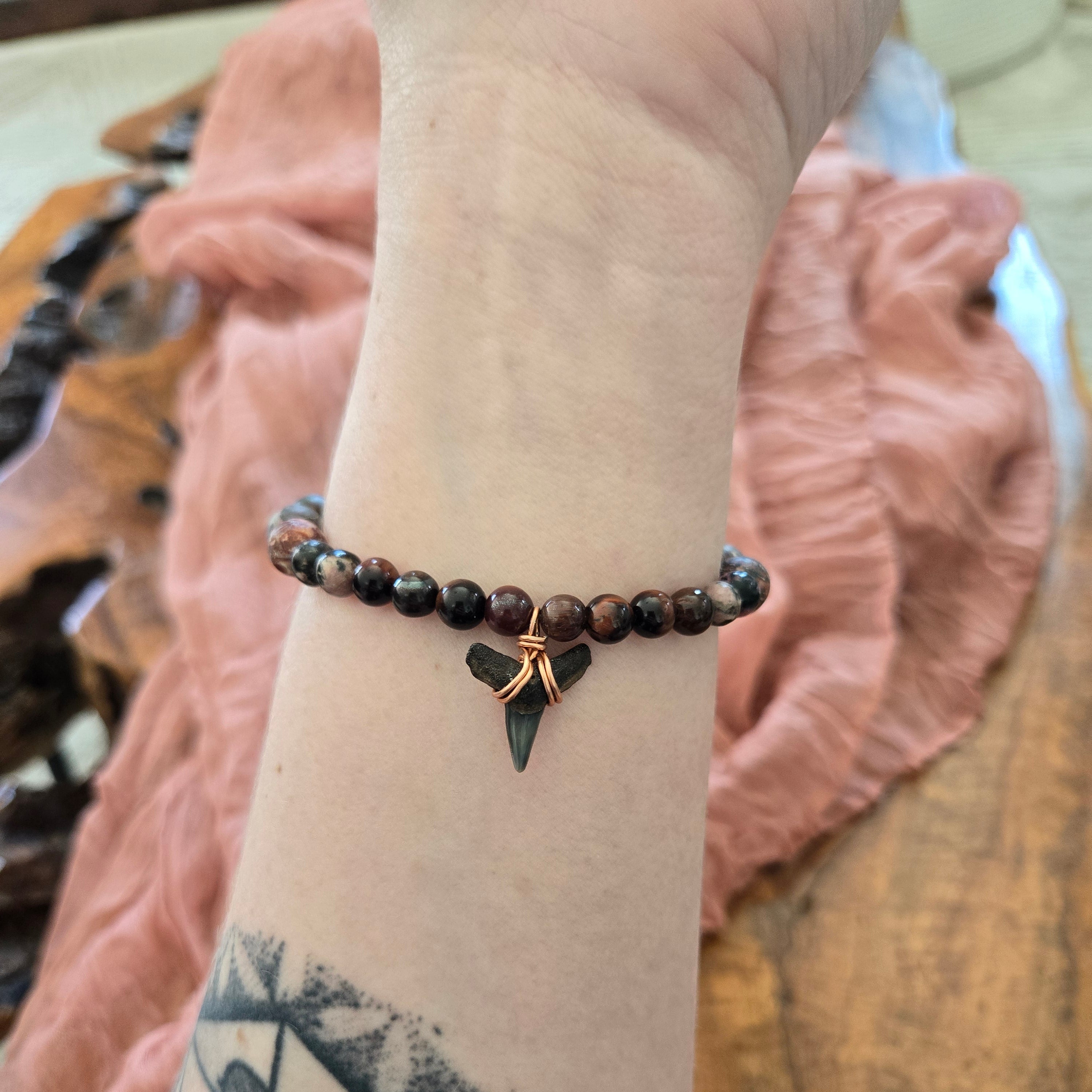 Lemon Shark Tooth Fossil With Tiger's Eye & Jasper Bracelet