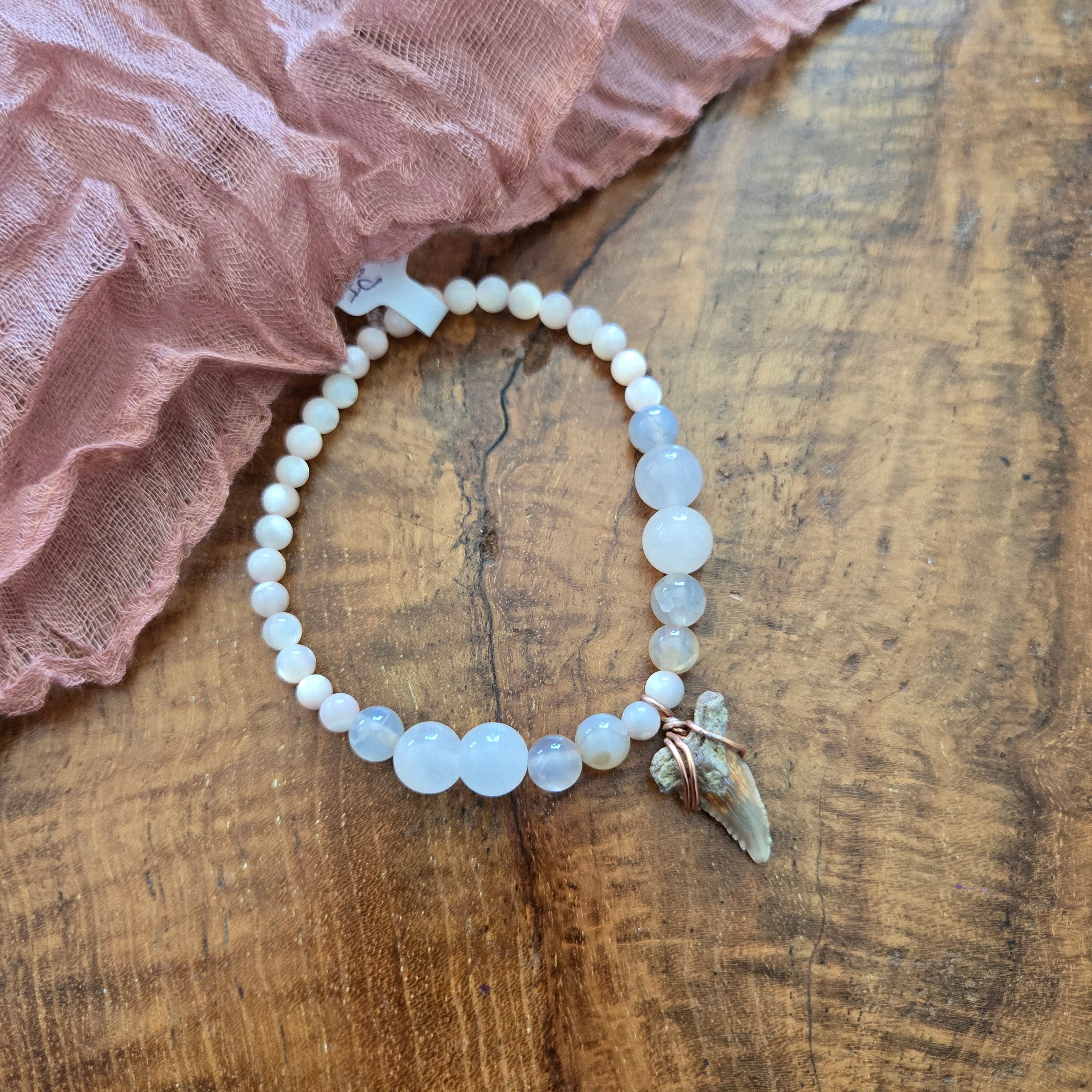 Hemipristis Serra Tooth Fossil & Agate Bracelet