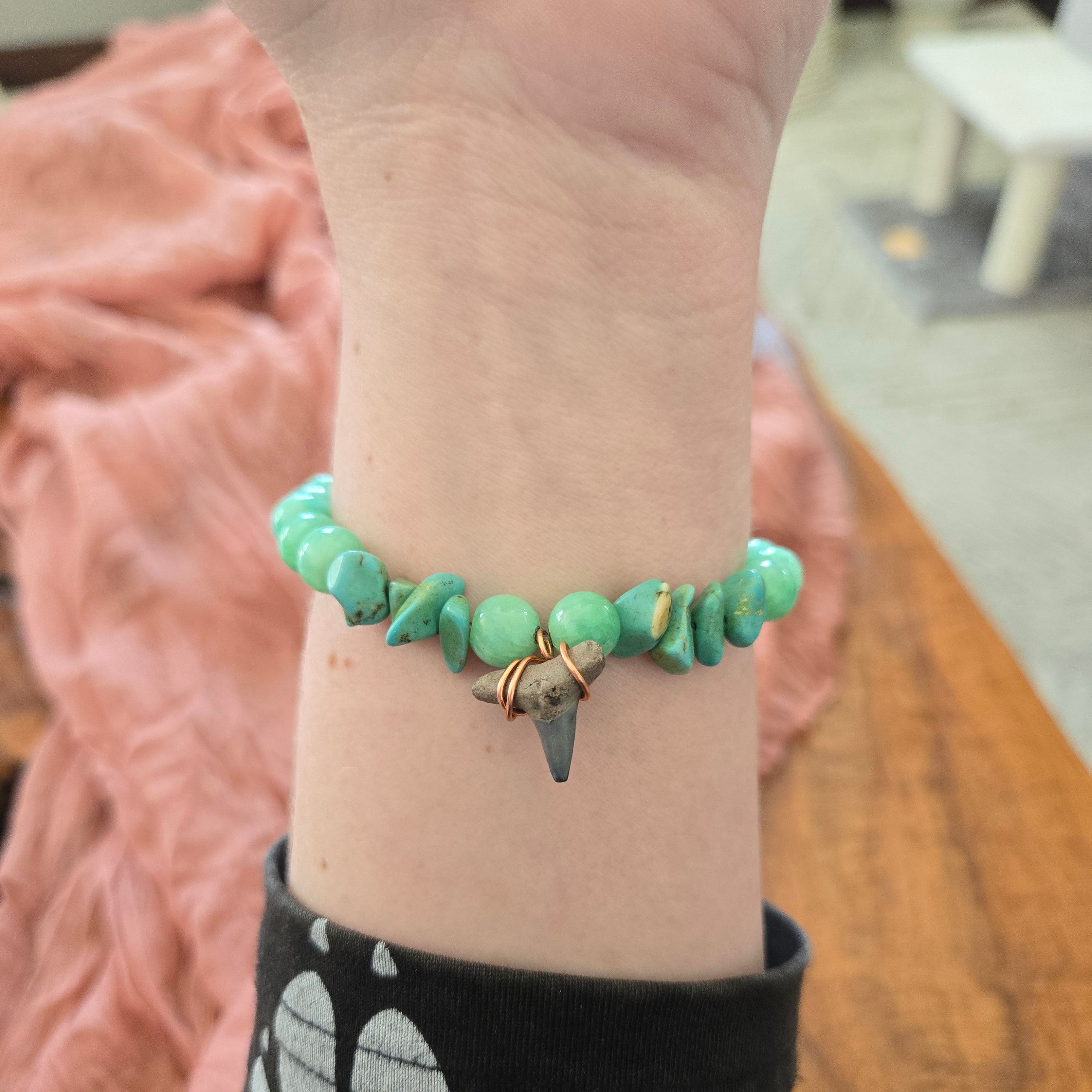 Lemon Shark Tooth Fossil & Turquoise Bracelet