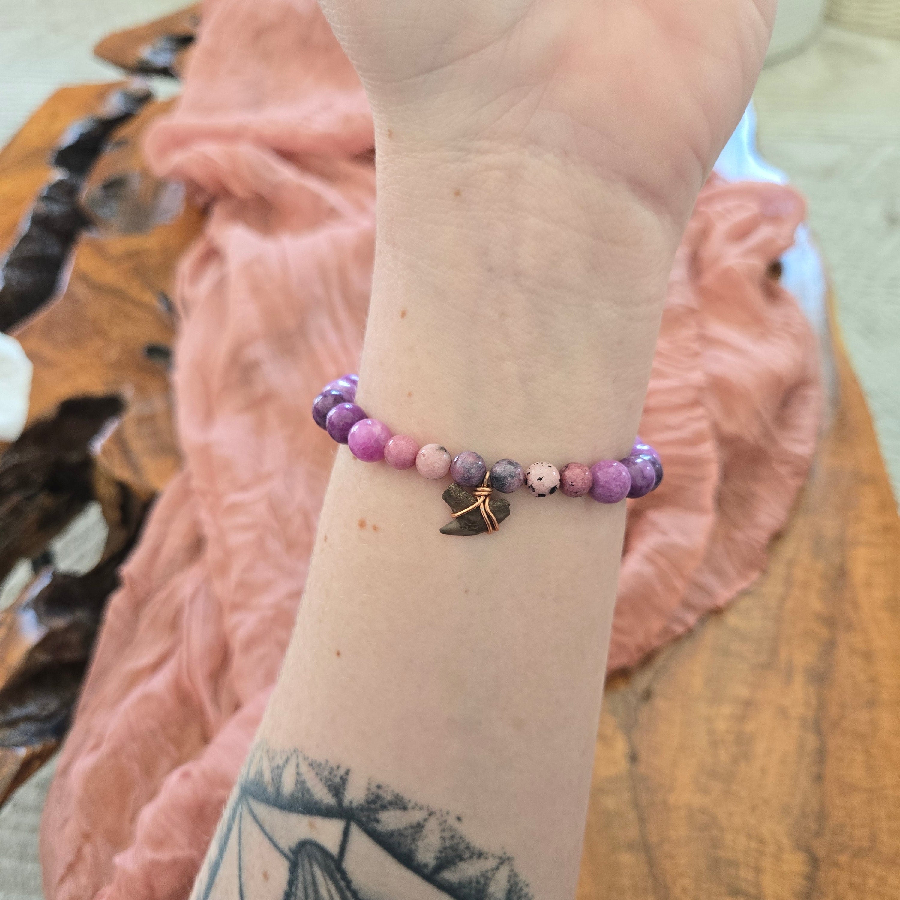 Tiger Shark Tooth Fossil With Amethyst & Jasper Bracelet