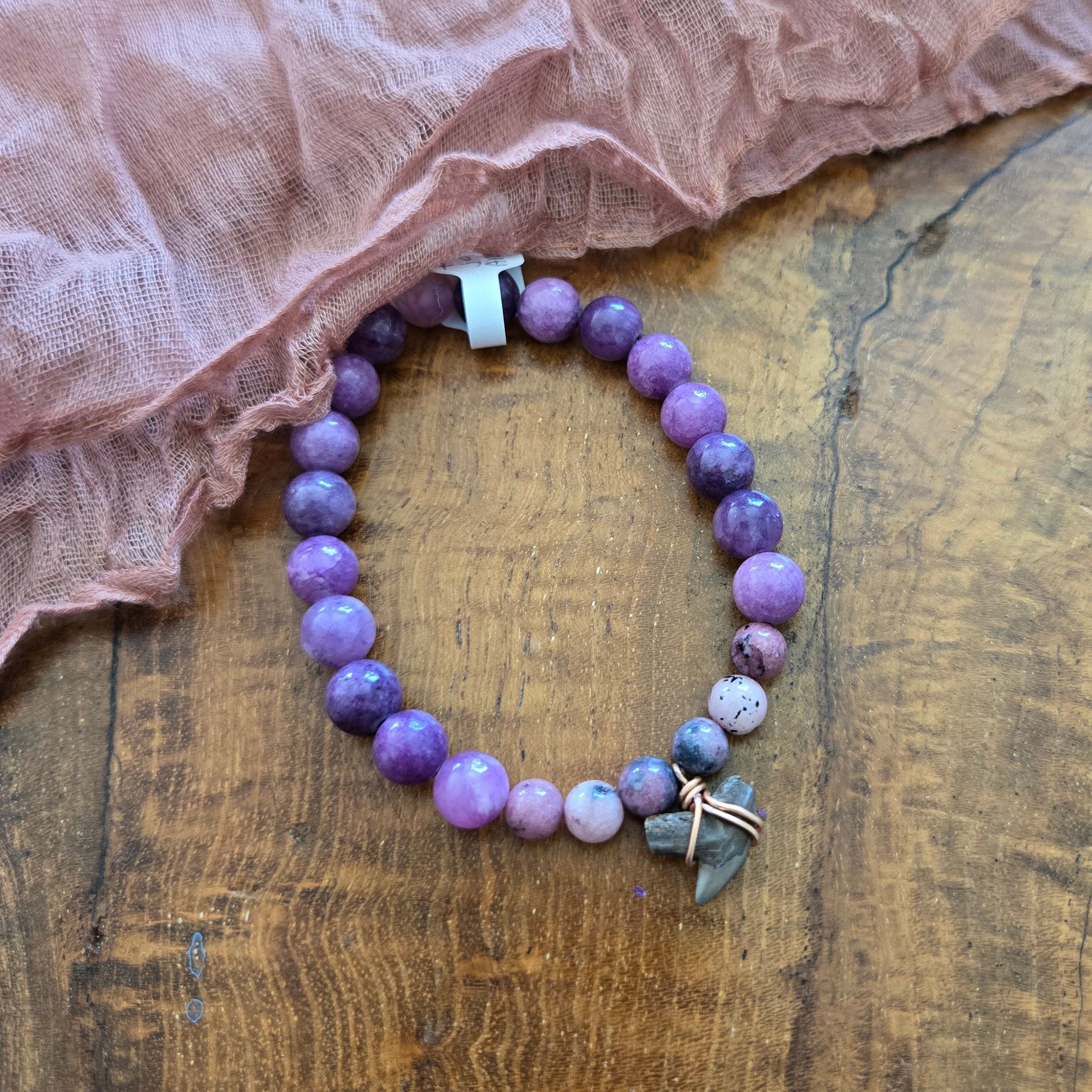 Tiger Shark Tooth Fossil With Amethyst & Jasper Bracelet