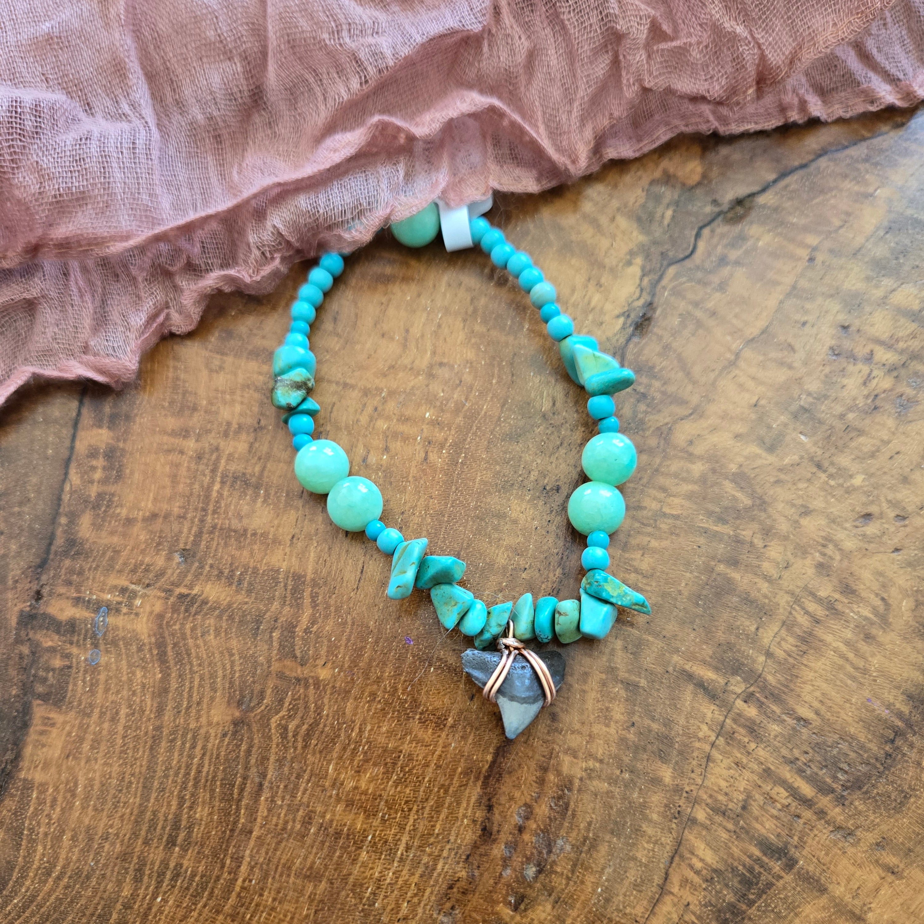 Bull Shark Tooth Fossil With Turquoise & Quartz Bracelet