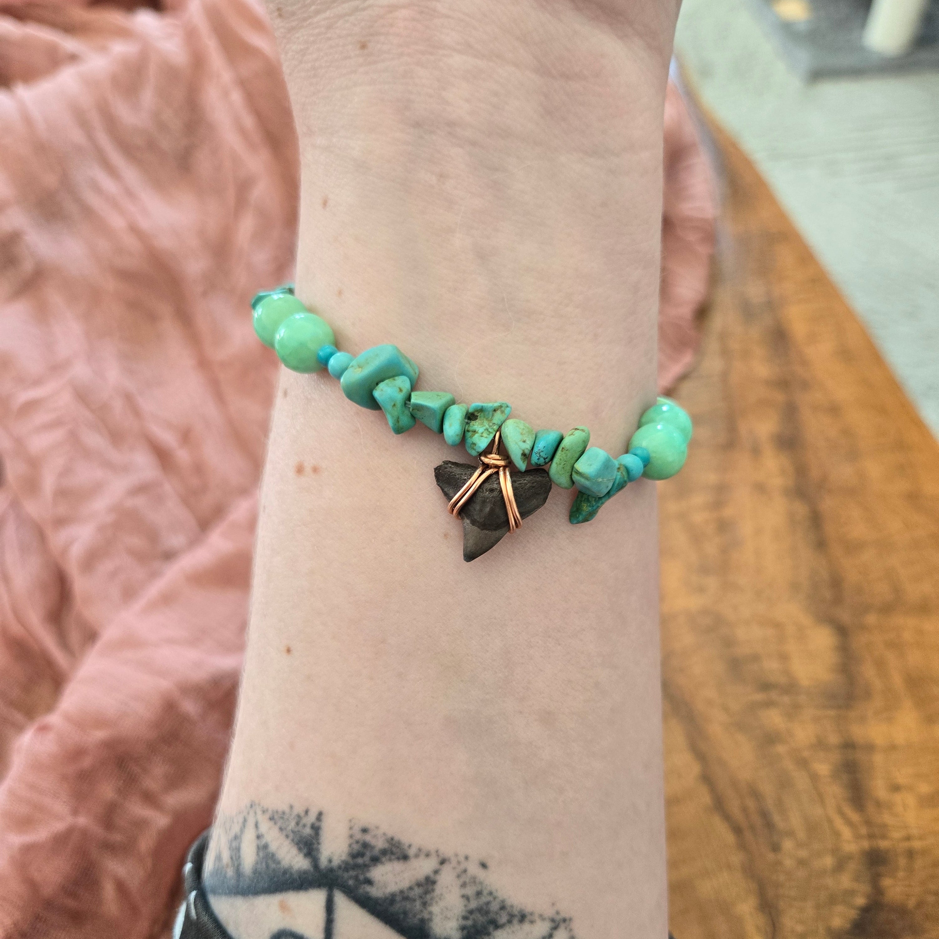 Bull Shark Tooth Fossil With Turquoise & Quartz Bracelet