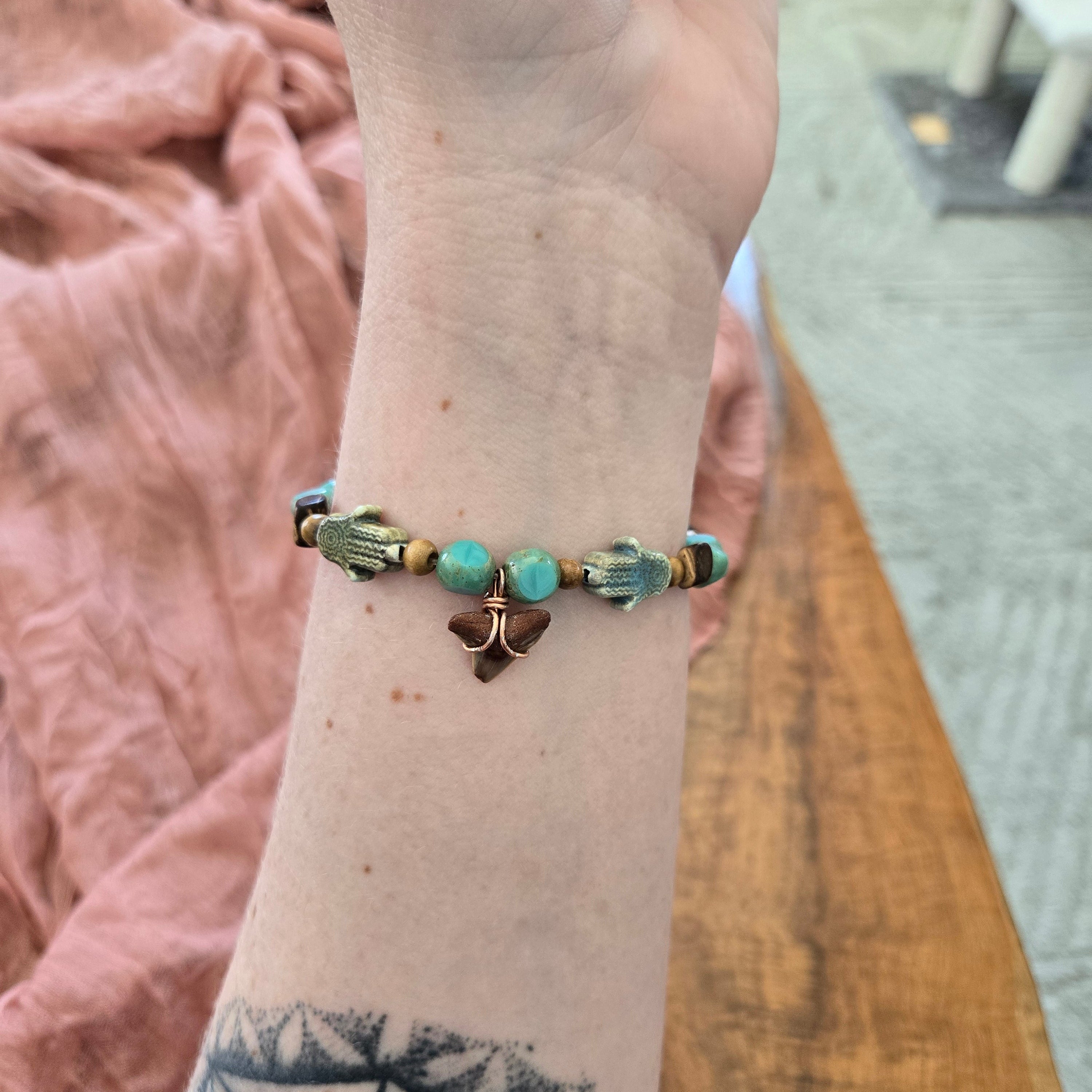 Bull Shark Tooth Fossil & Turquoise Bracelet