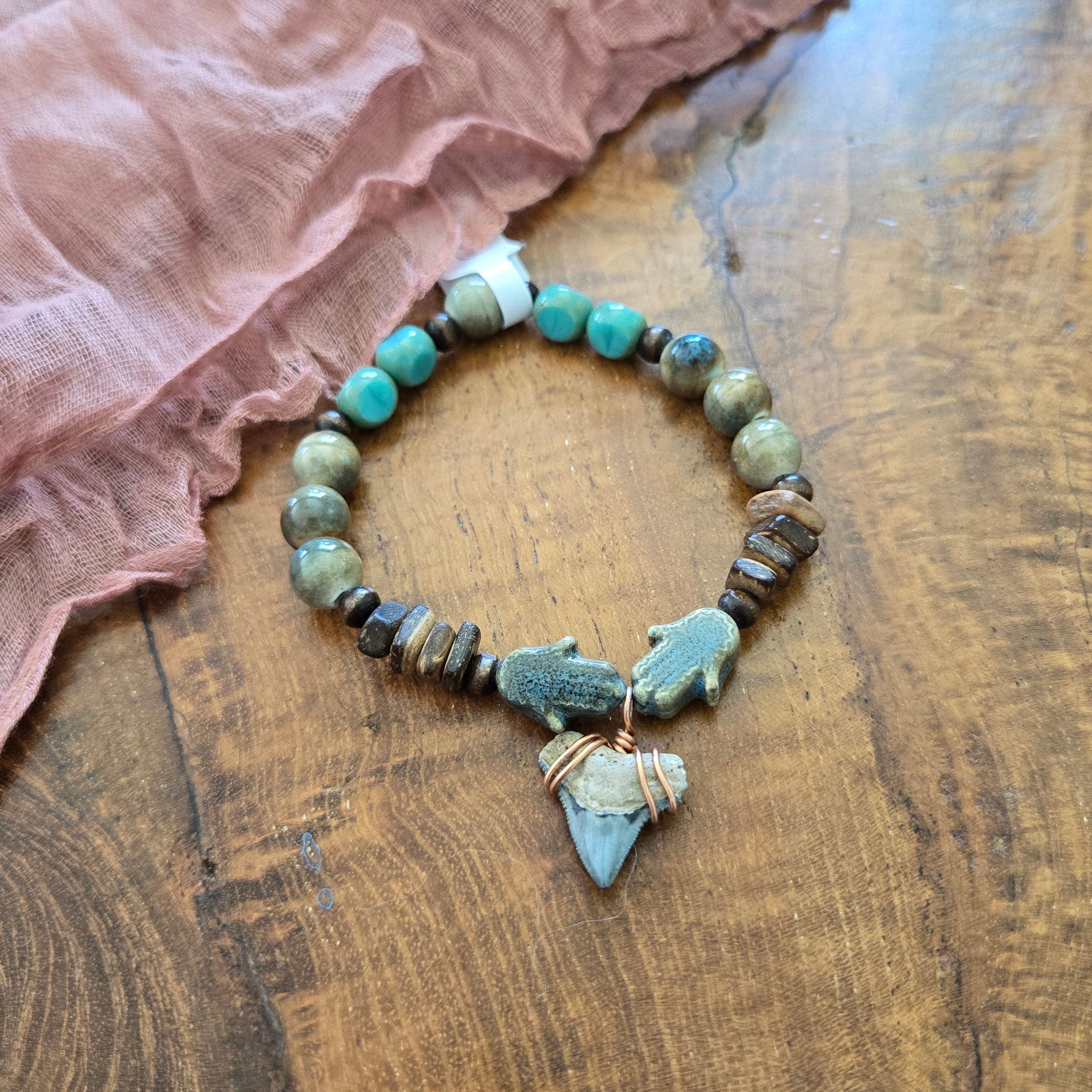 Bull Shark Tooth Fossil & Turquoise Bracelet