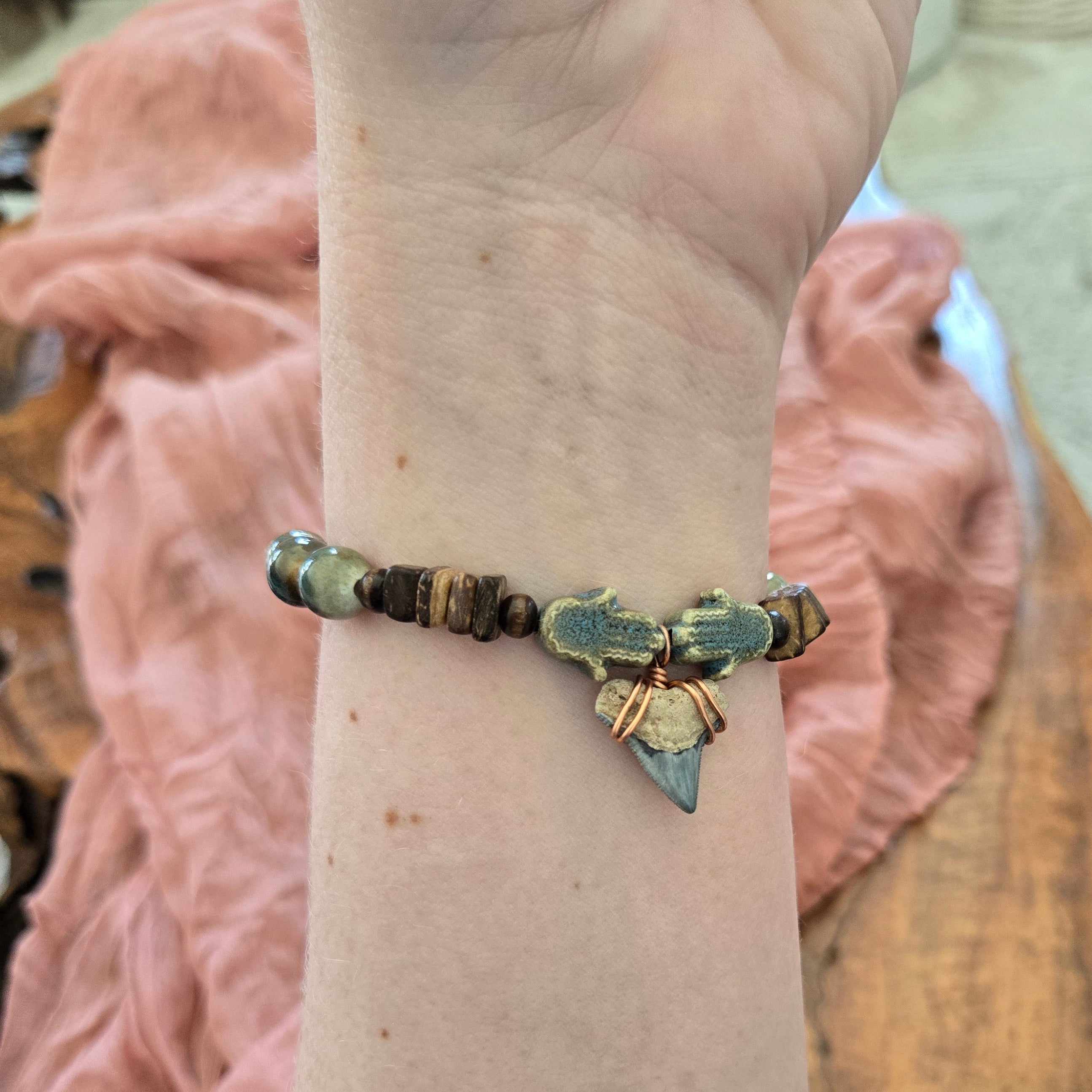 Bull Shark Tooth Fossil & Turquoise Bracelet