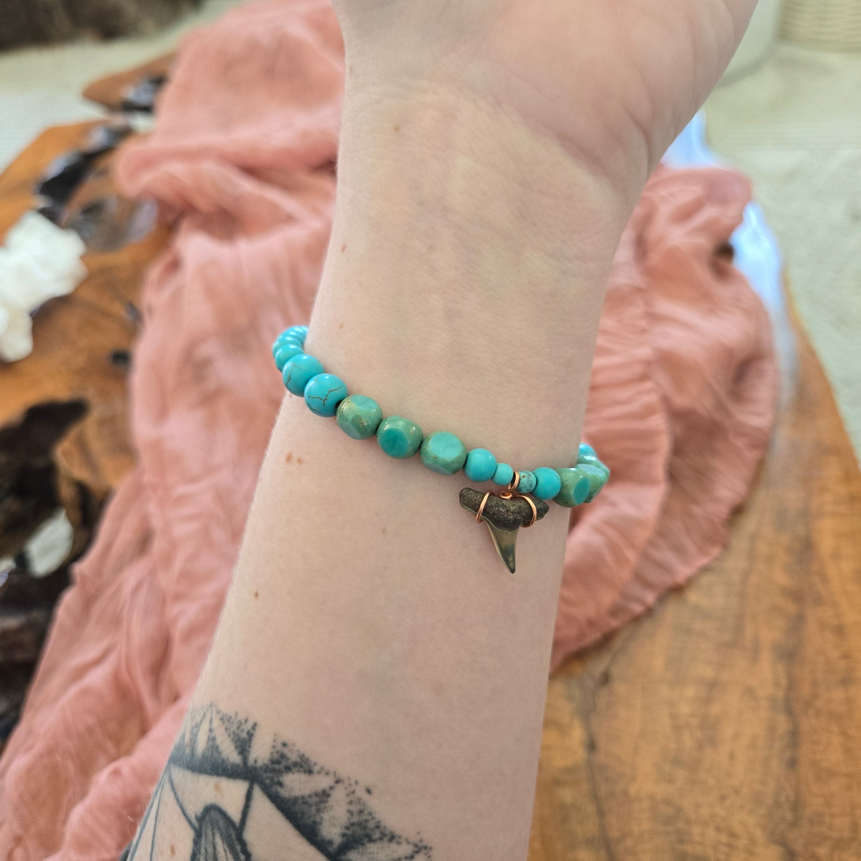 Lemon Shark Tooth Fossil & Turquoise Bracelet