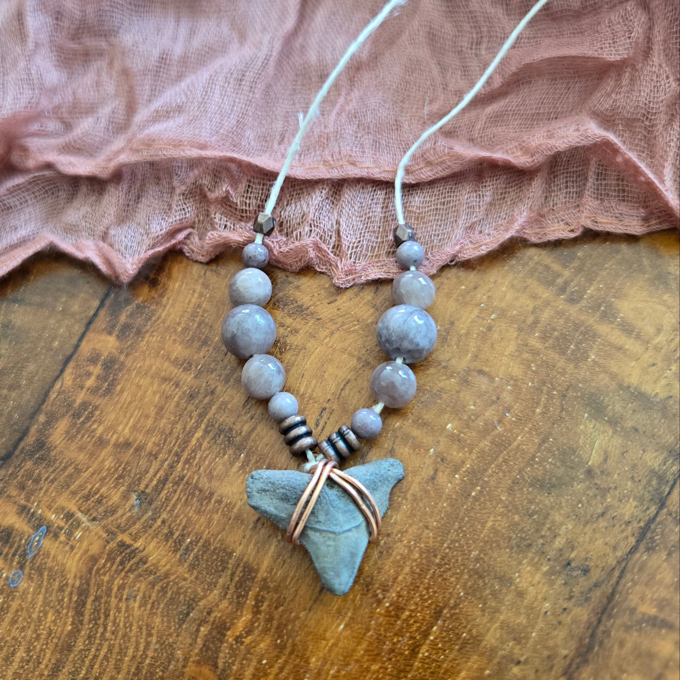 Dusky Shark Tooth Fossil & Purple Quartz Necklace 17.5"