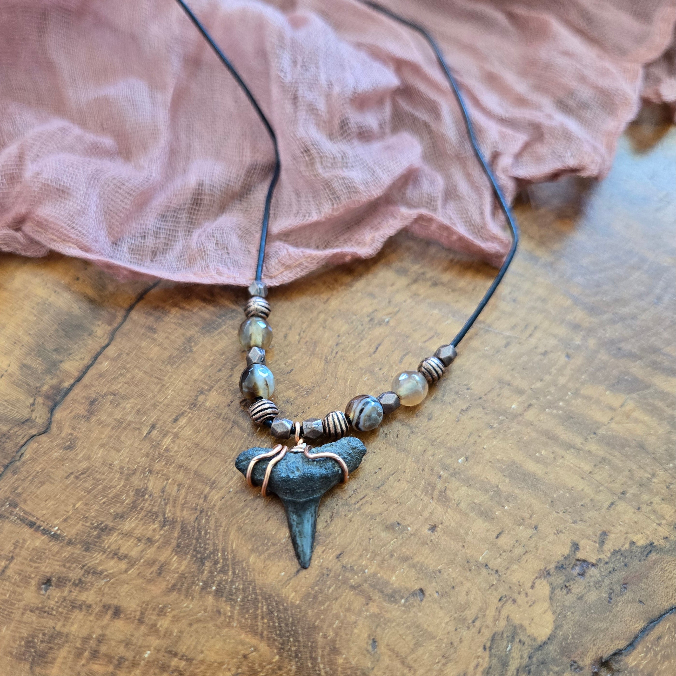 Lemon Shark Tooth Fossil & Fire Agate Necklace 18"