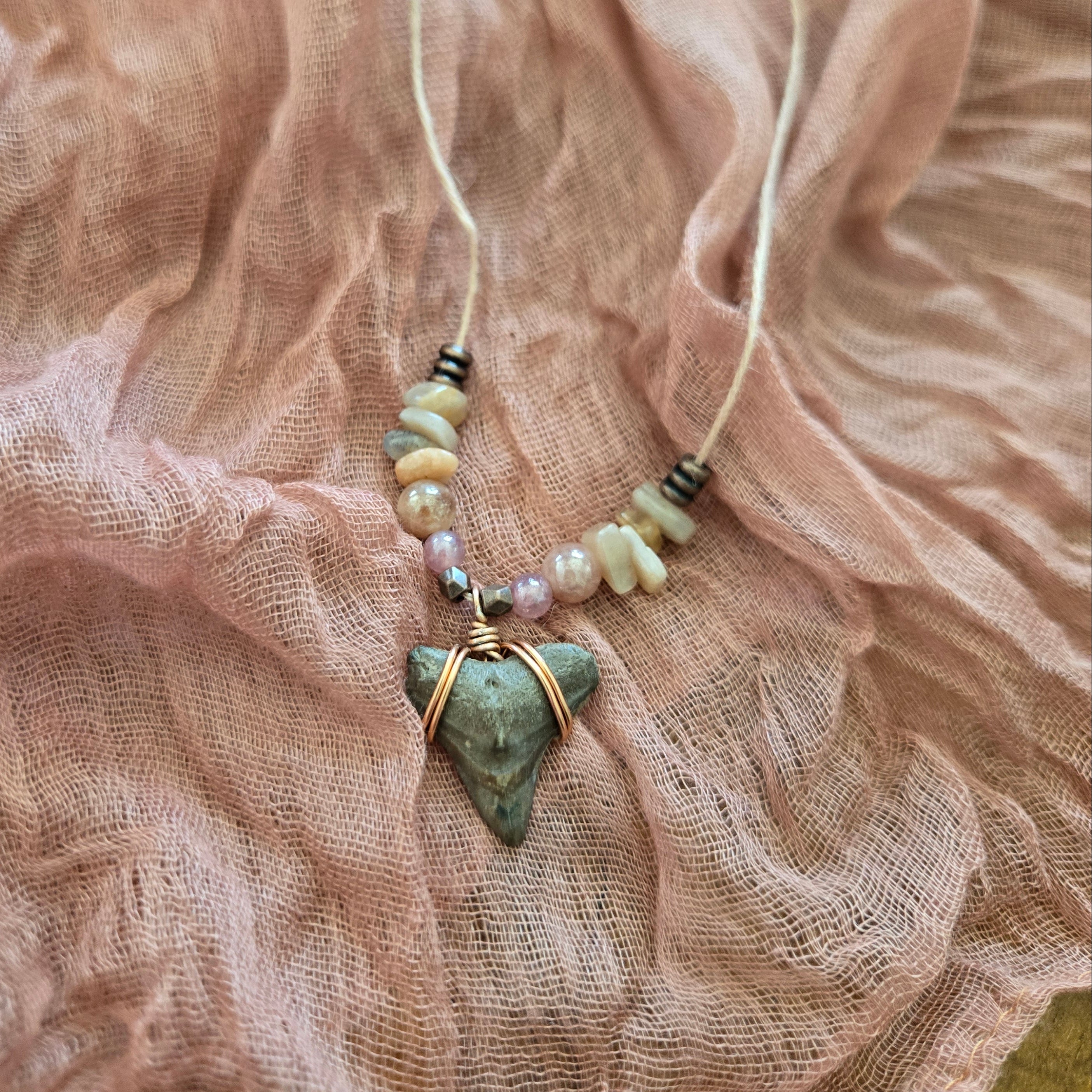 Bull Shark Tooth Fossil & Sun Stone Necklace 17"