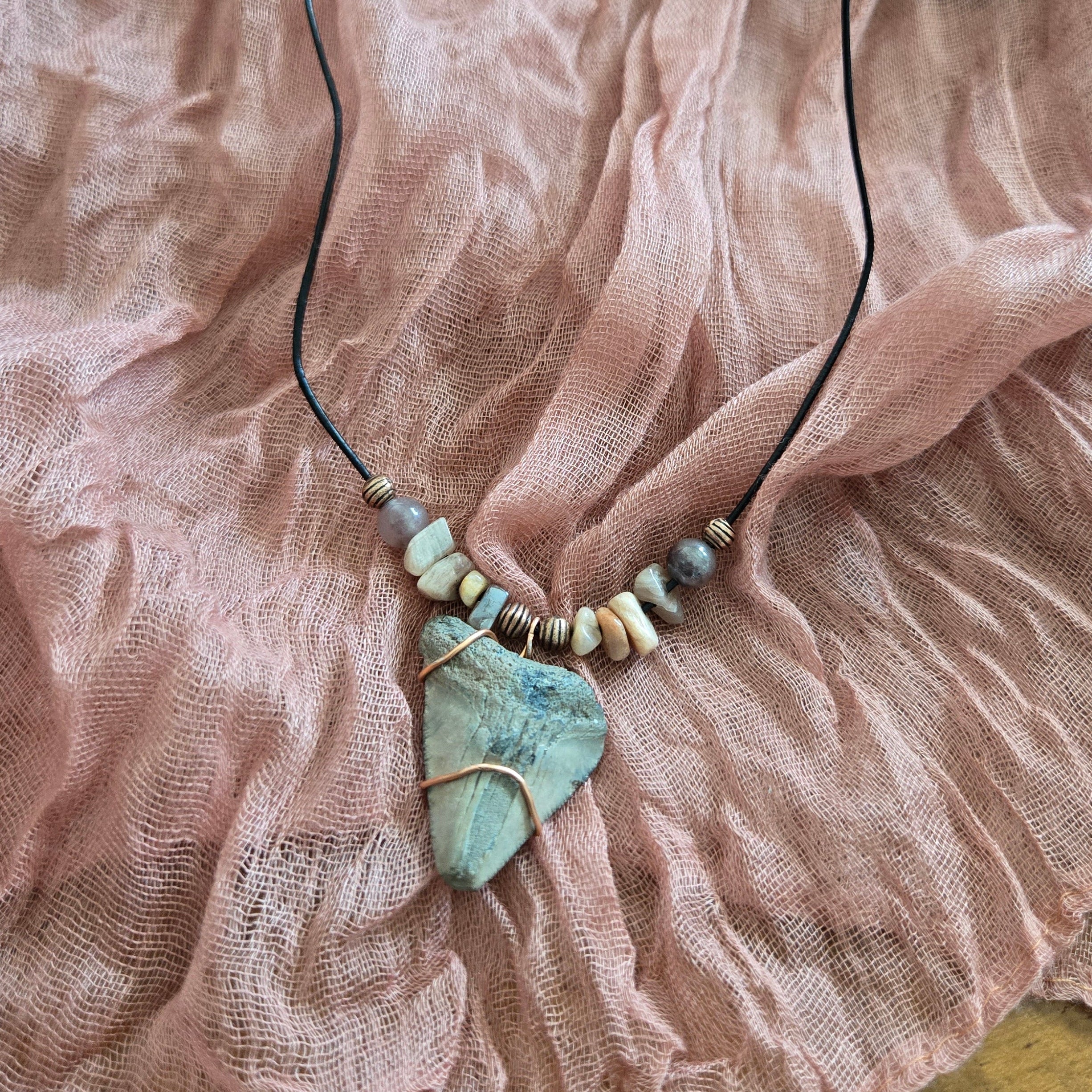 Megalodon Shark Tooth Fossil & Sun Stone Necklace 17"