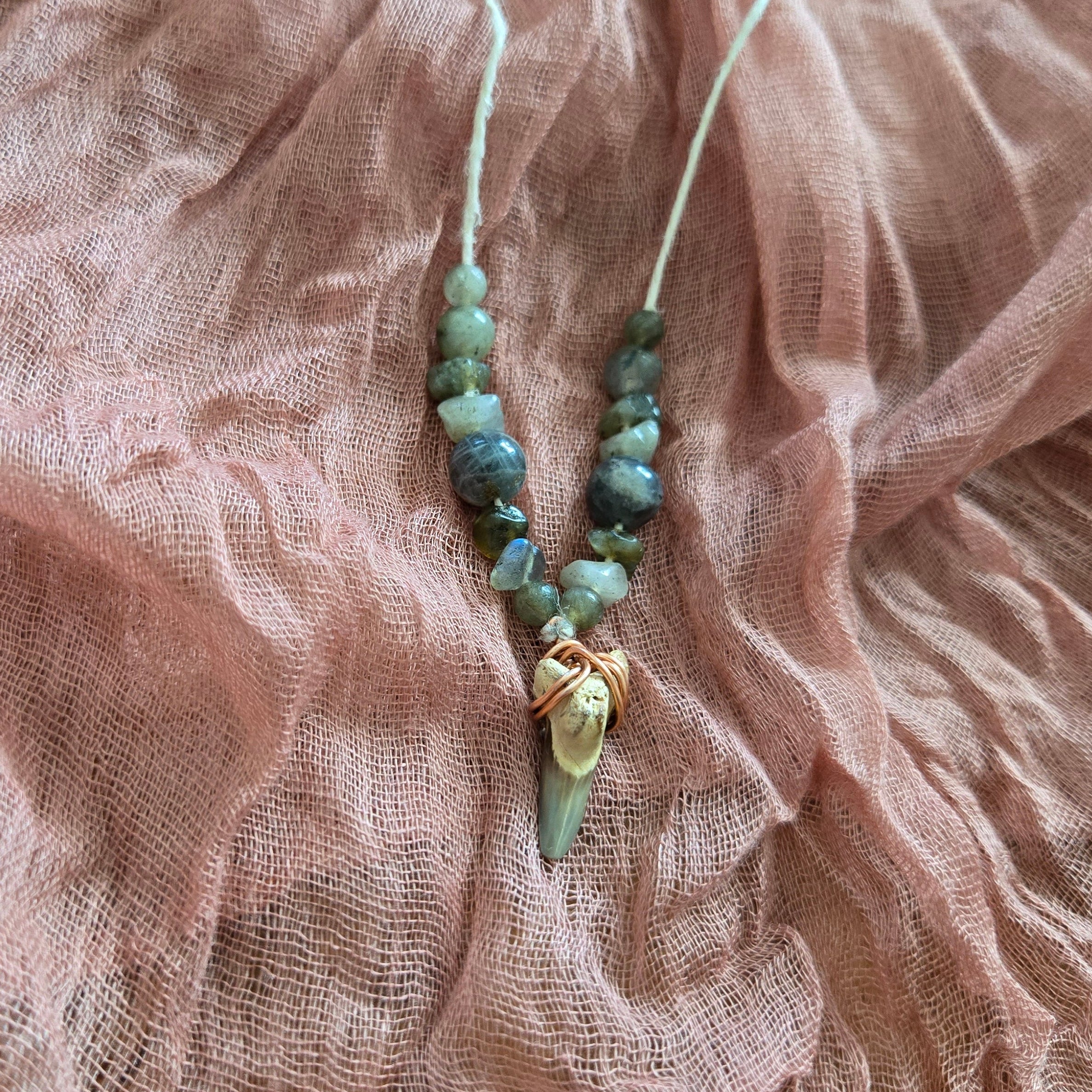 Hemipristis Serra Shark Tooth Fossil & Labradorite Necklace 17"