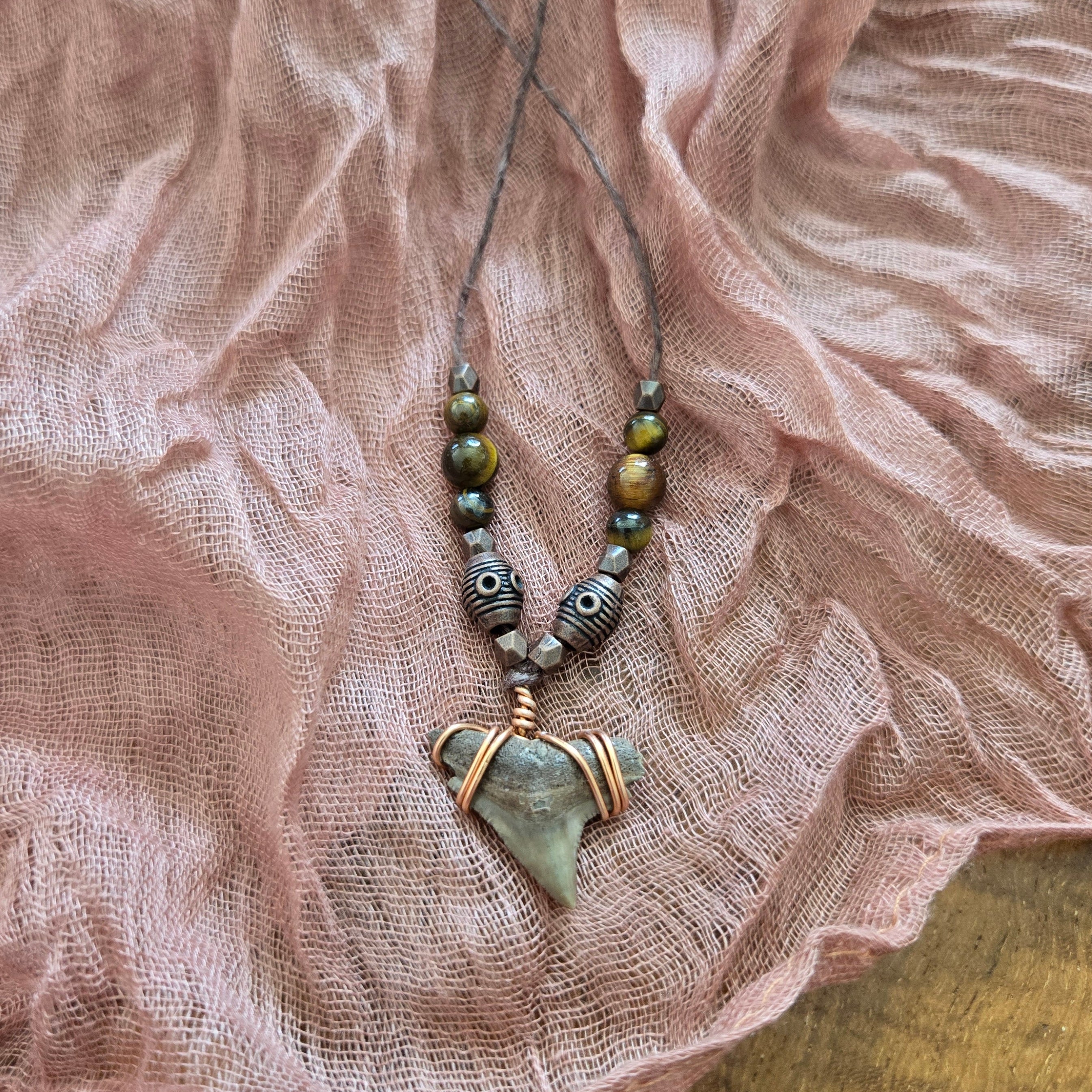 Dusky Shark Tooth Fossil & Tiger's Eye Necklace 18"
