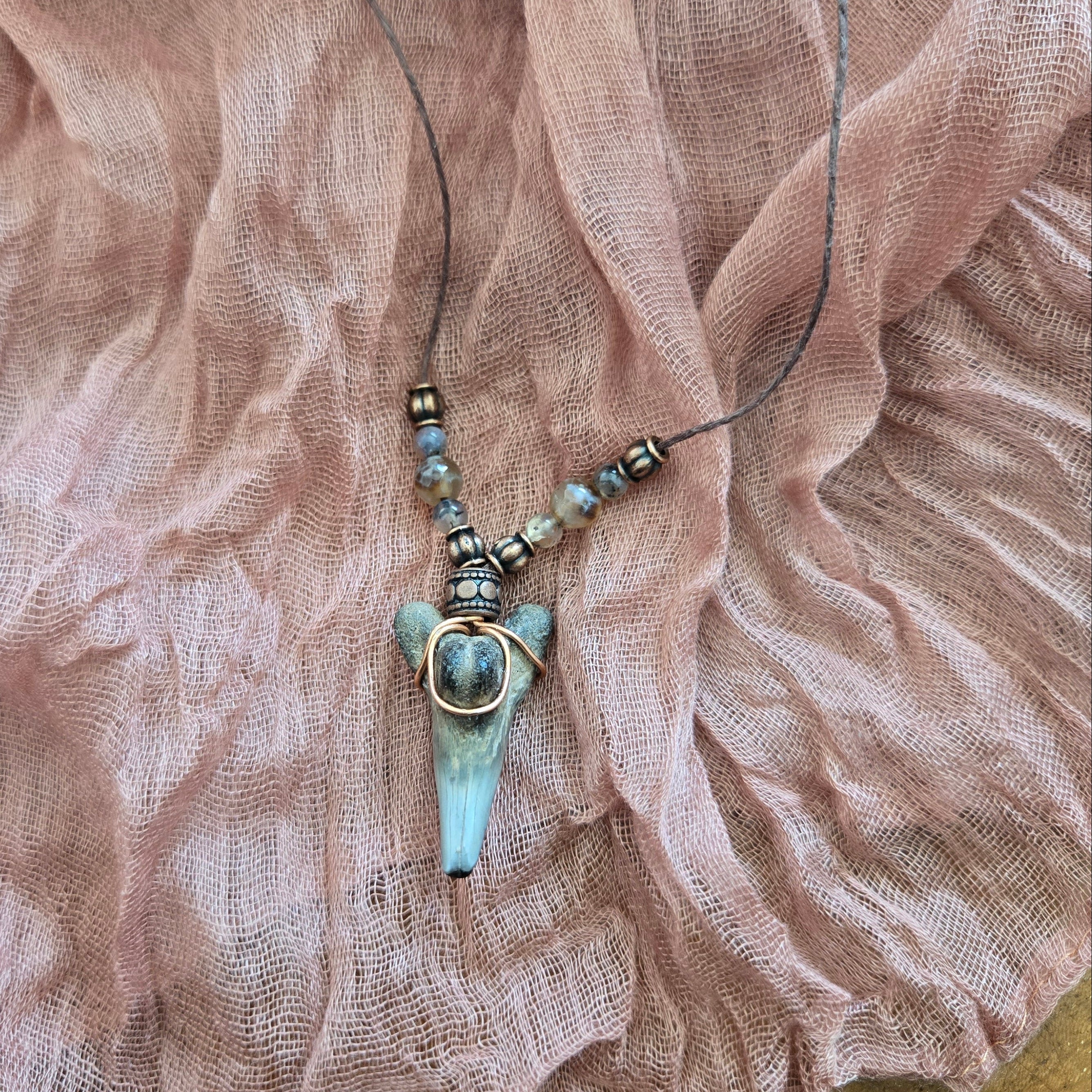 Mako Shark Tooth Fossil & Fire Agate Necklace 22"