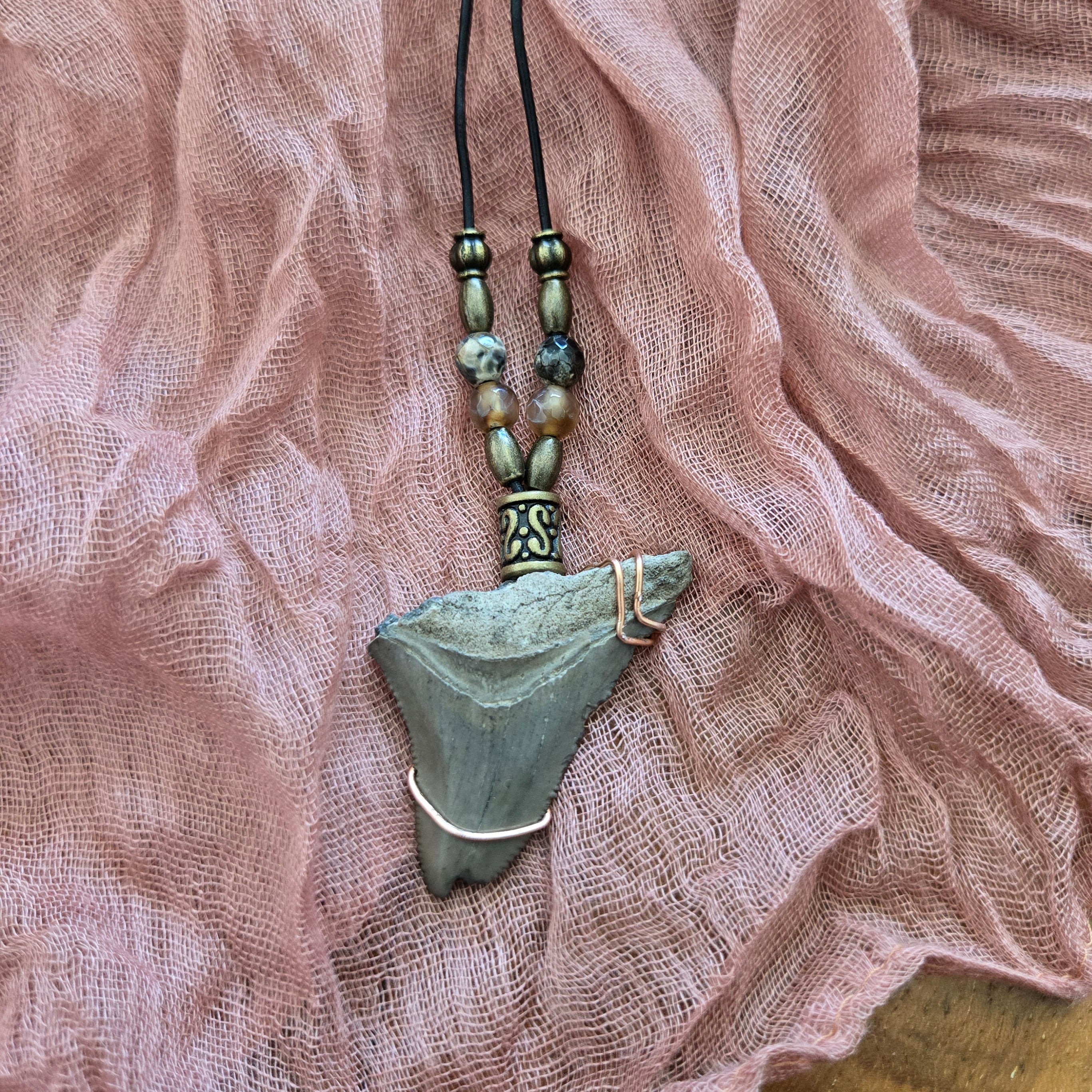 Megalodon Shark Tooth Fossil & Fire Agate Necklace 23"