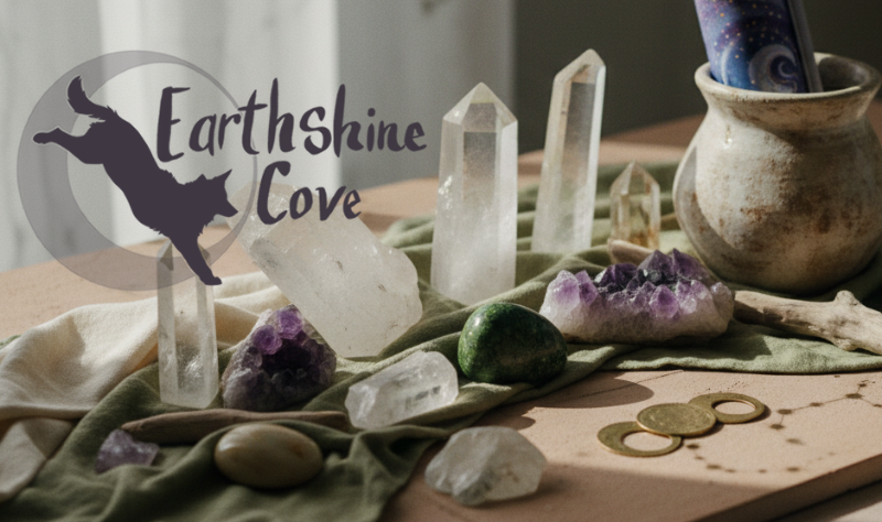 Tabletop display with crystals, amethysts, and a pot labeled 'Earthshine Cove' on a wooden surface.