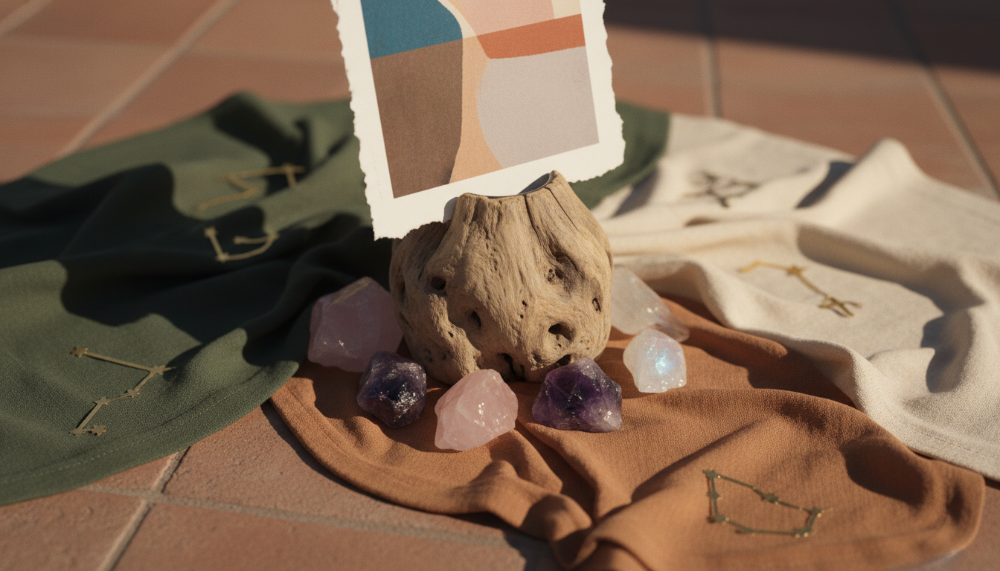 Driftwood with crystals on a textured surface
