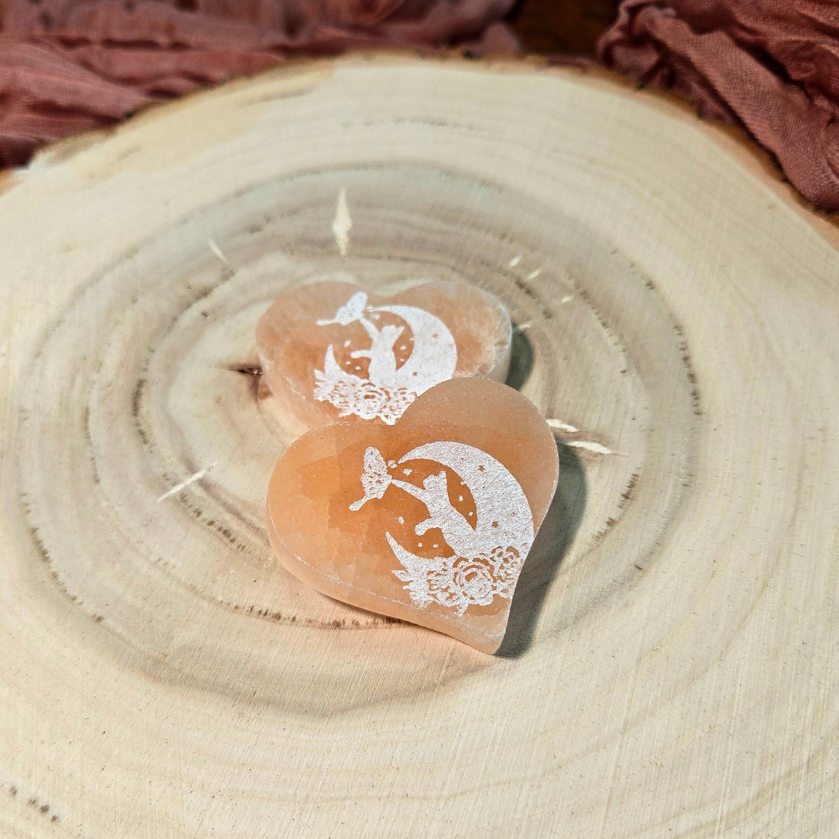 Peach Selenite Heart With Cat Etching