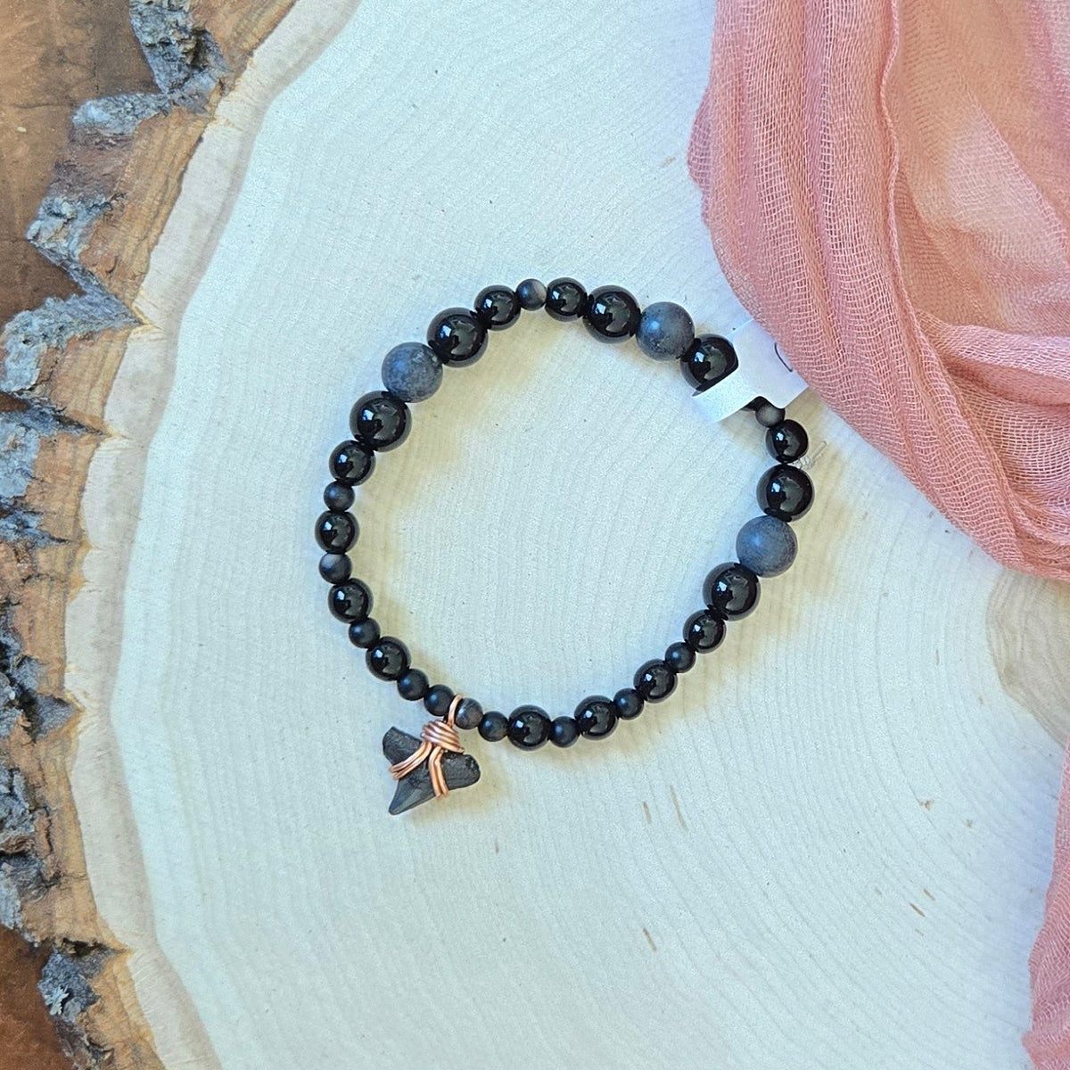 Bull Shark & Obsidian Fossil Bracelet